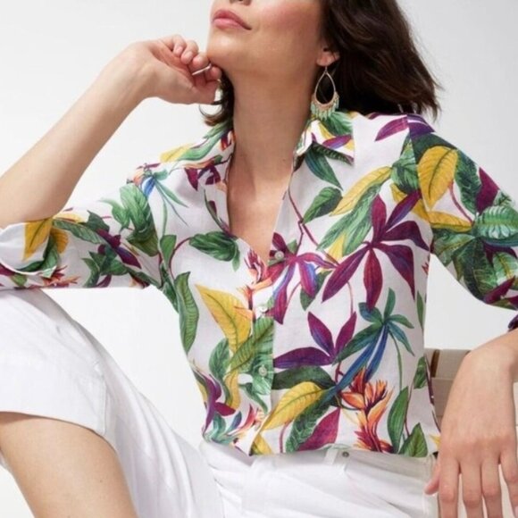 Chico's Tops - Chico's Linen Tropical Floral Print 3/4 Sleeve Blouse Size 12